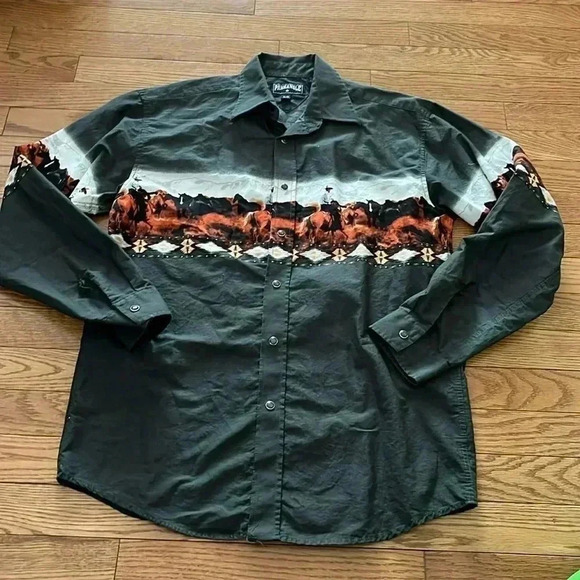 [YXL18/Adult M]Panhandle  Western Print Snap Button Down L/S Olive Green Shirt - Picture 1 of 8
